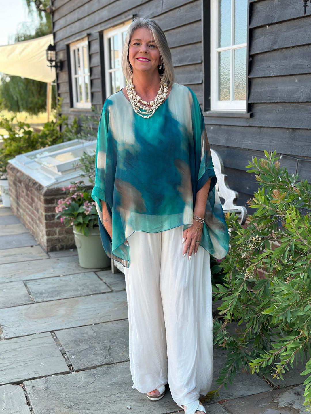 Mia Watercolour Silk Blouse | Aqua