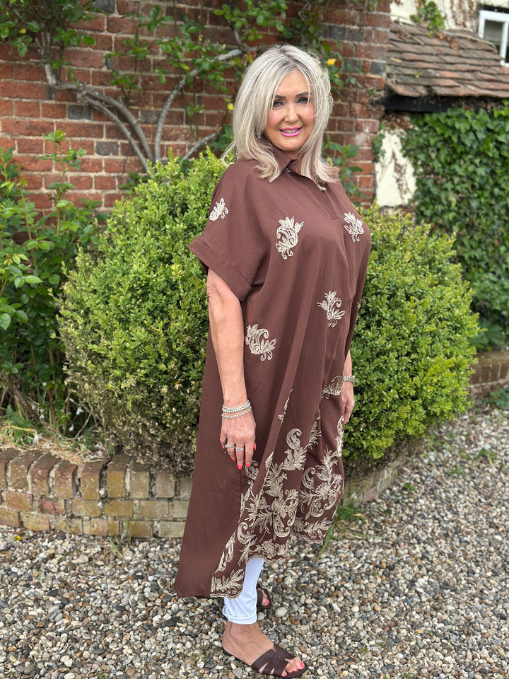 Swirl Glitz Leaf Embroidered Tunic Dress | Brown