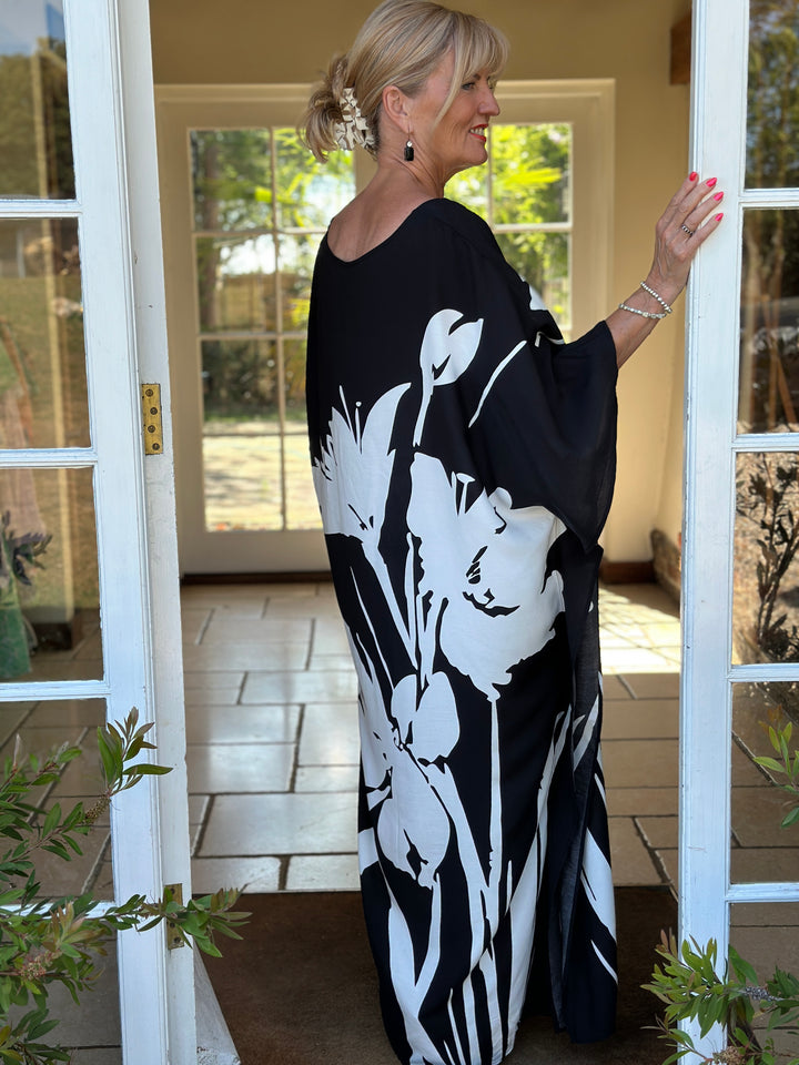 Monochrome Floral Kaftan Dress | Black & White