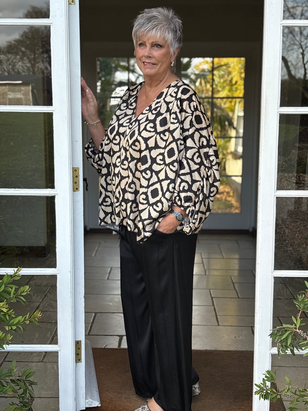 Satin Feel Floaty Trousers | Black