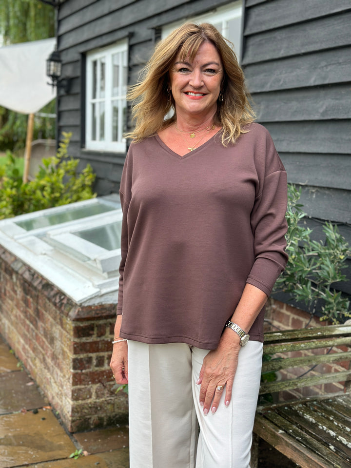 Relaxed V-Neck Long Sleeve Top - Malissa J | Chocolate Brown