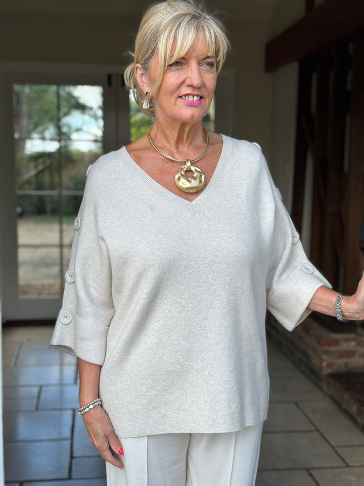 Elbow Length Button Detail V Neck Jumper - Malissa J | Oyster