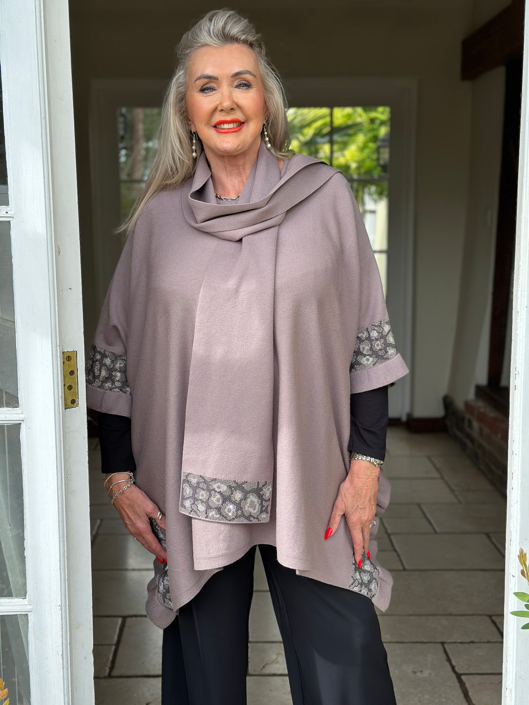 Sparkle Trim Poncho with Scarf - Malissa J | Taupe