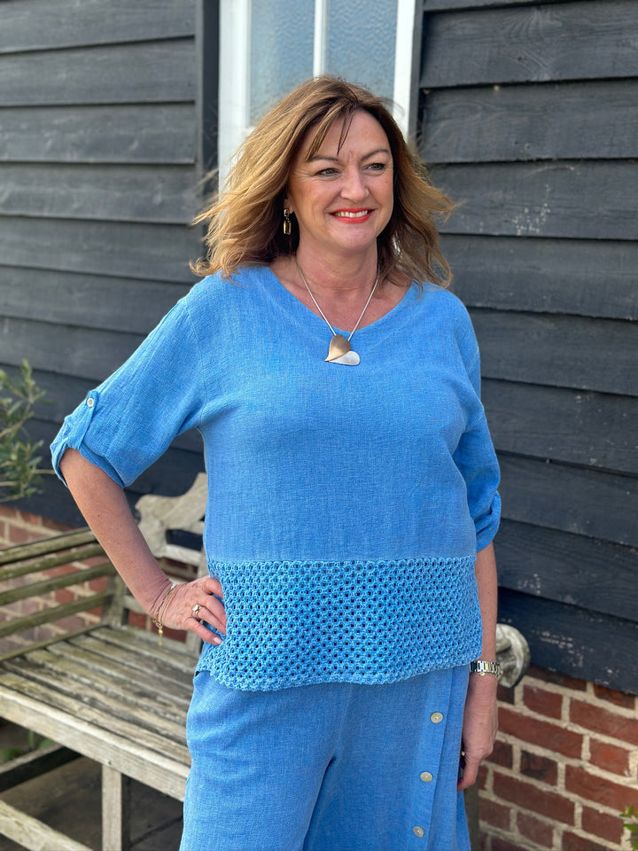 Crochet Detail Linen Top | Denim Blue