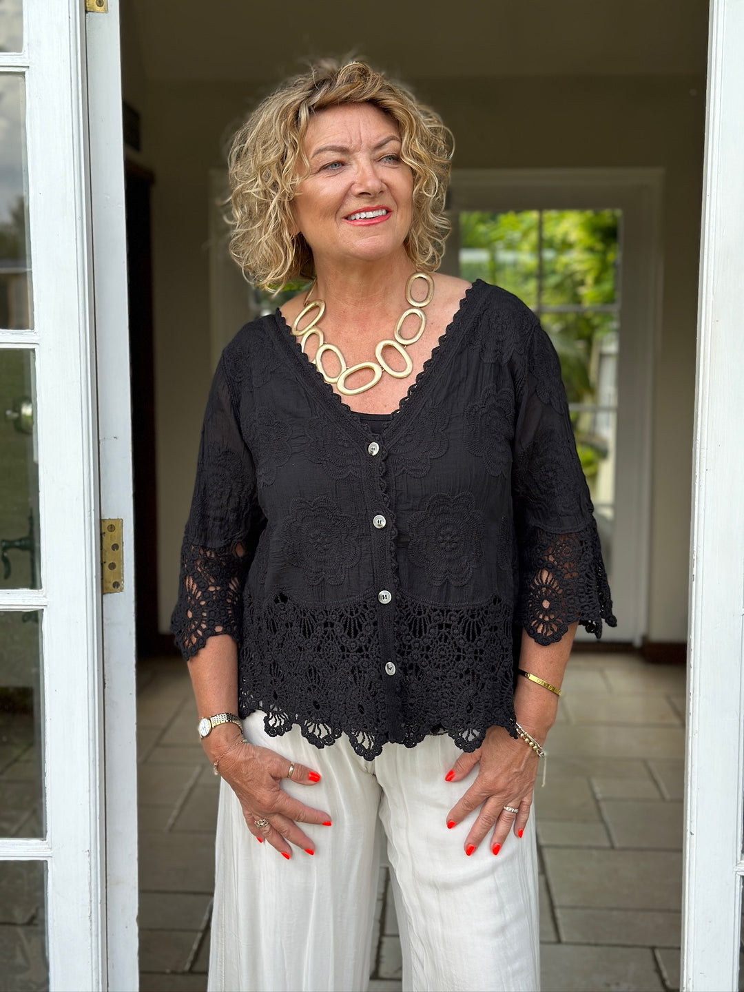 Cotton Crochet Floral Cardigan | Black