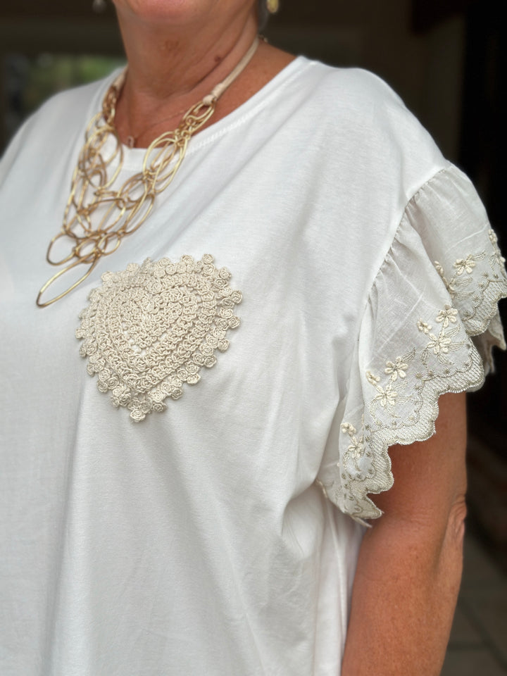 Crochet Heart Ruffle Tee | Ivory