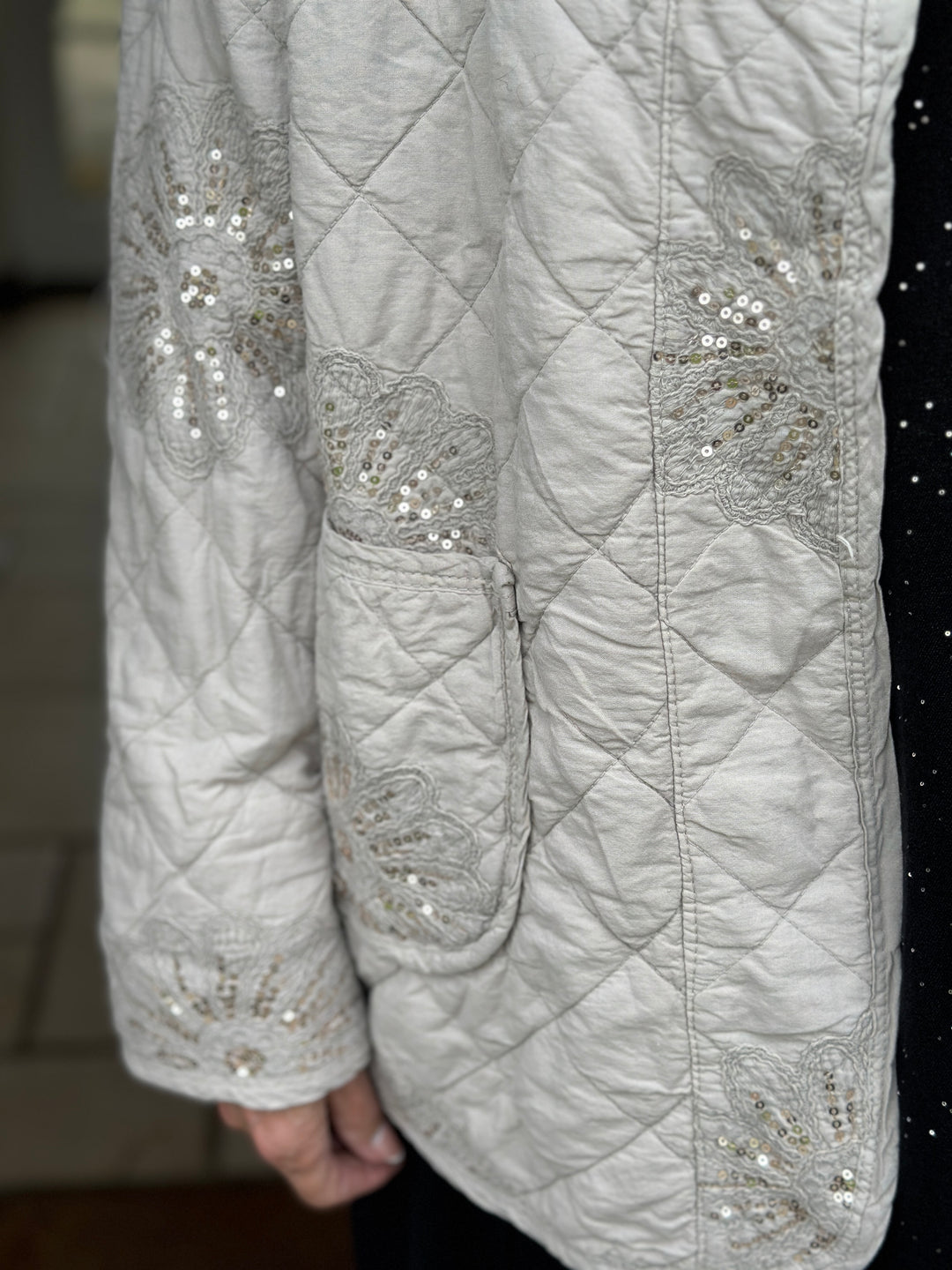 Embroidered Sequin Quilted Jacket | Stone
