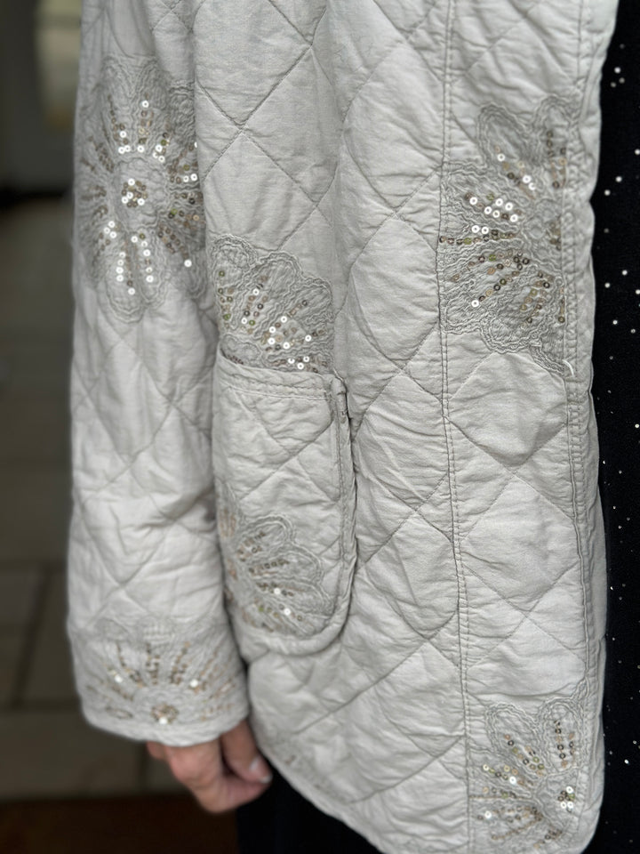 Embroidered Sequin Quilted Jacket | Stone