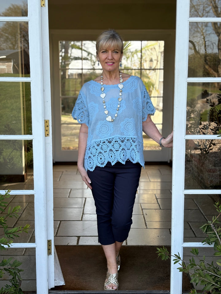 Crochet Floral Top | Sky Blue