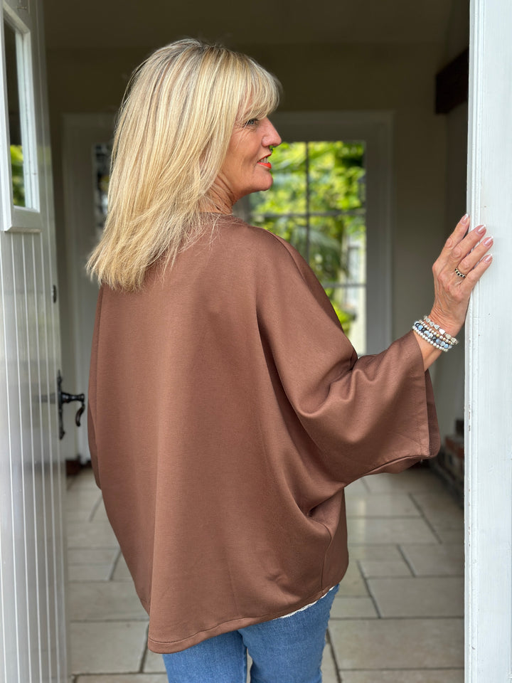 Batwing Sequin Heart Jumper | Brown