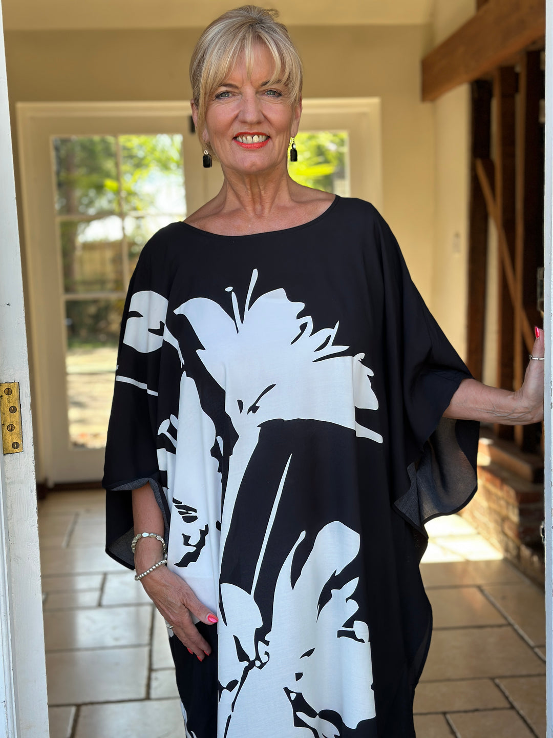 Monochrome Floral Kaftan Dress | Black & White