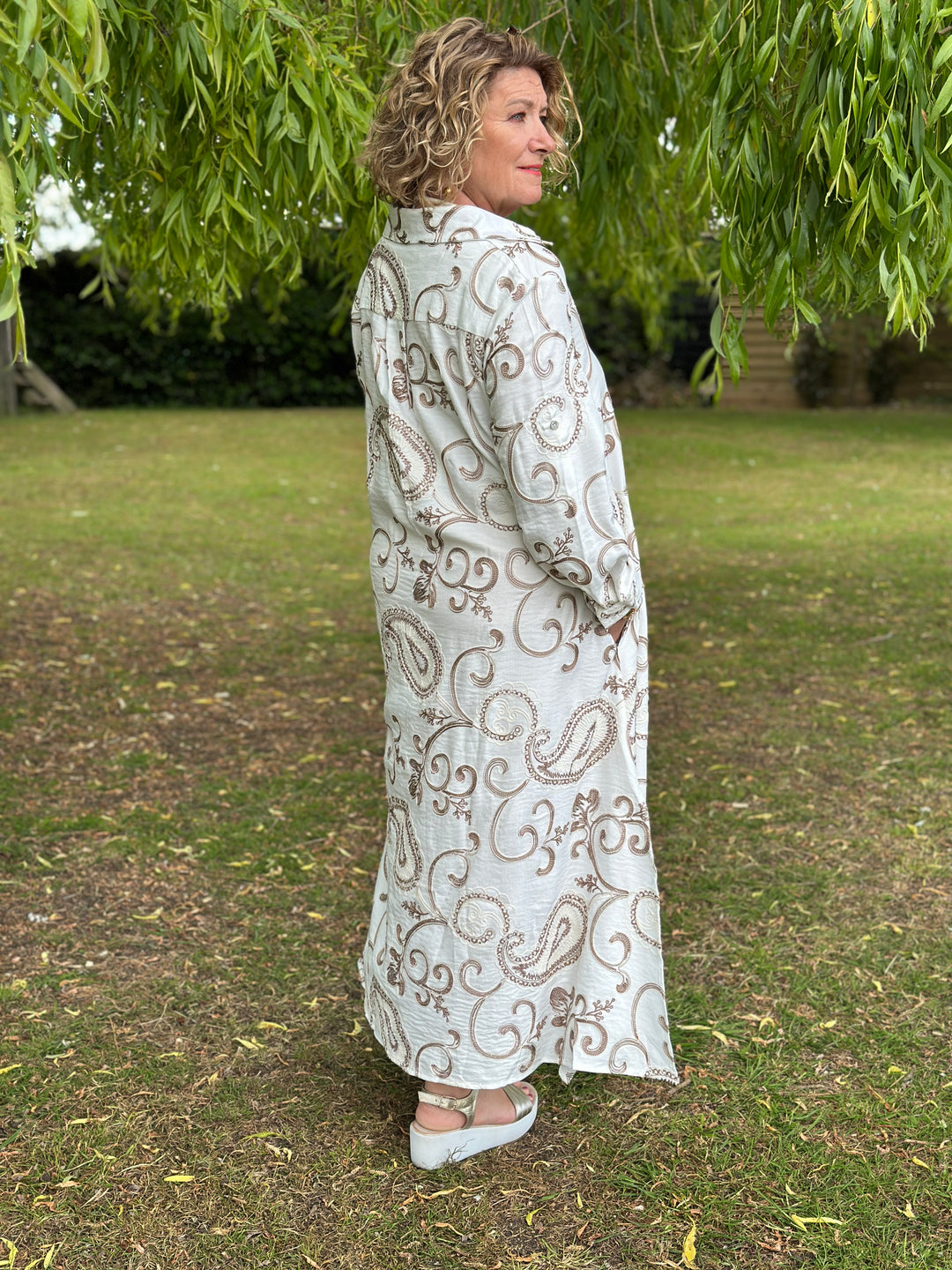 Embroidered Paisley Longline Shirt Dress - Malissa J | Latte