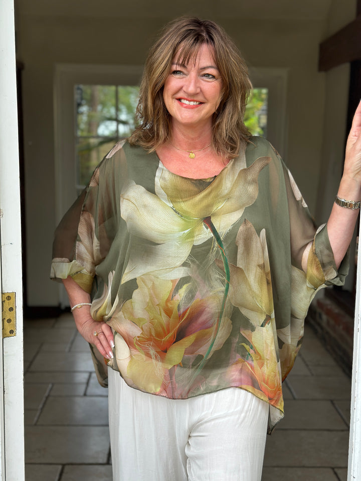 Botanical Mia Silk Blouse | Khaki