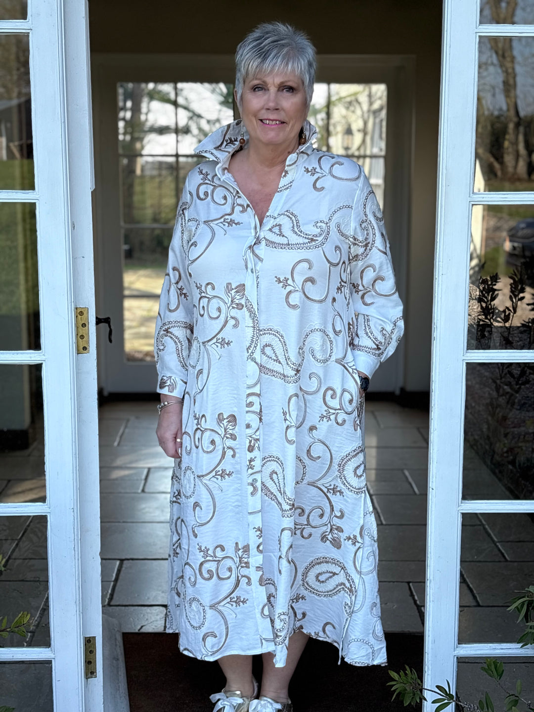 Embroidered Paisley Longline Shirt Dress - Malissa J | Latte