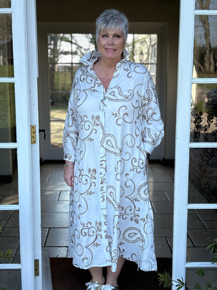 Embroidered Paisley Longline Shirt Dress - Malissa J | Latte