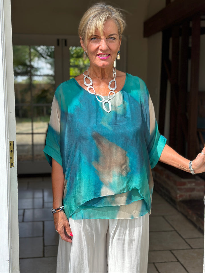 Watercolour Tiered Hem Blouse | Aqua
