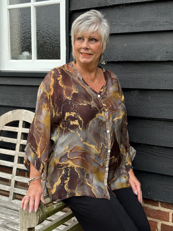 Naomi Marble Silk Blouse | Brown