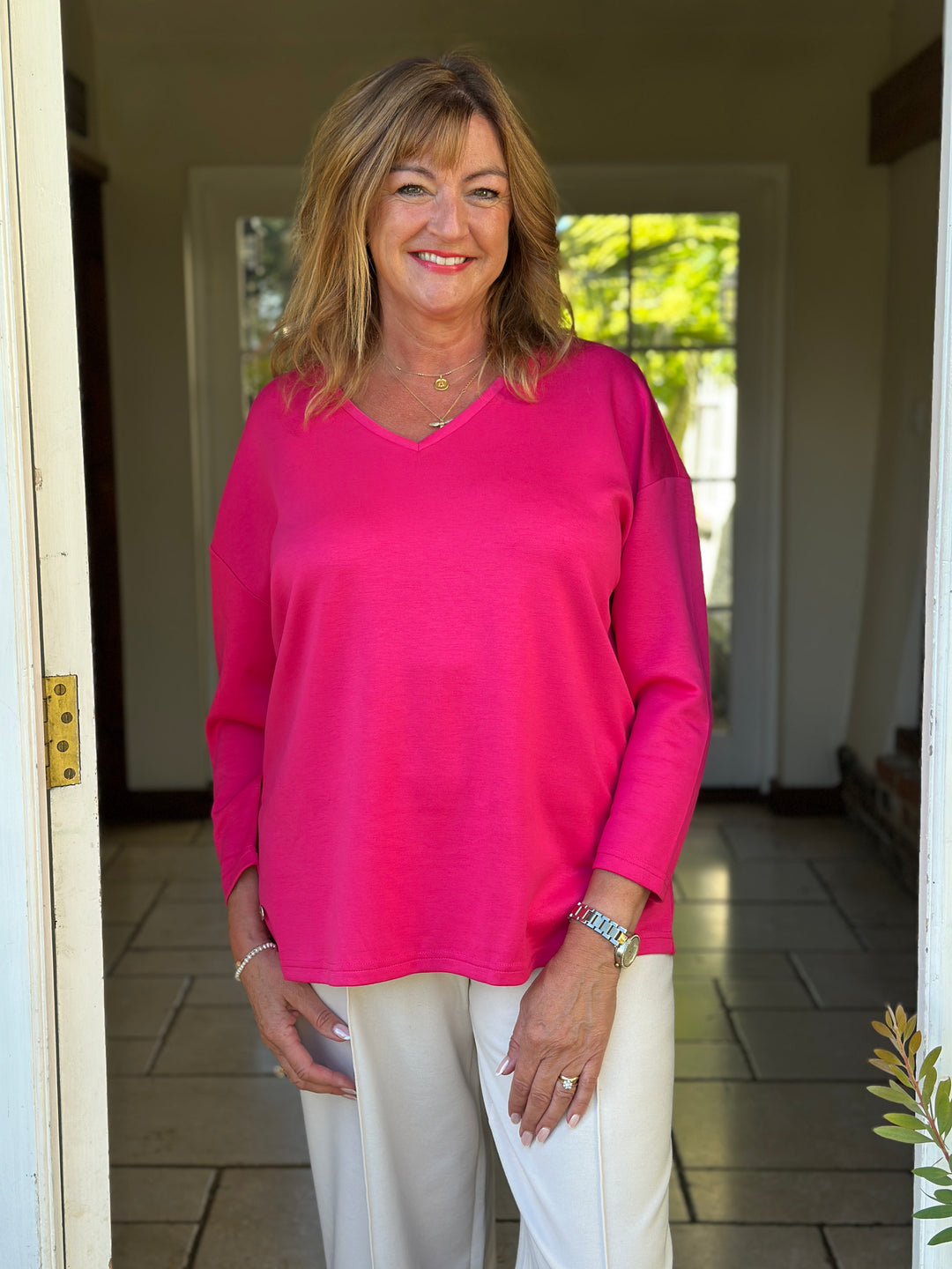 Relaxed V-Neck Long Sleeve Top - Malissa J | Fuchsia