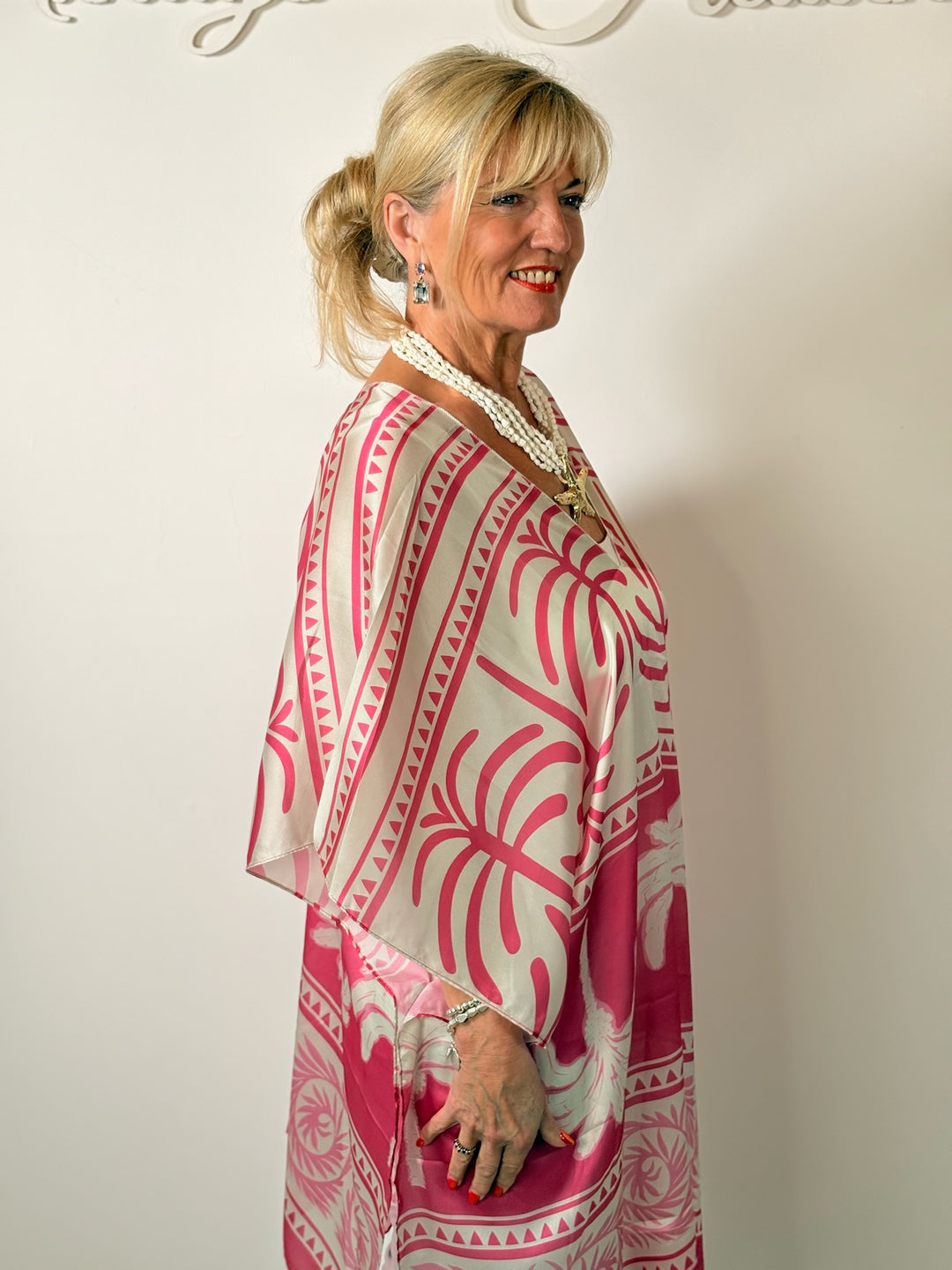 Silk-Blend Tropical Print Kaftan | Pink