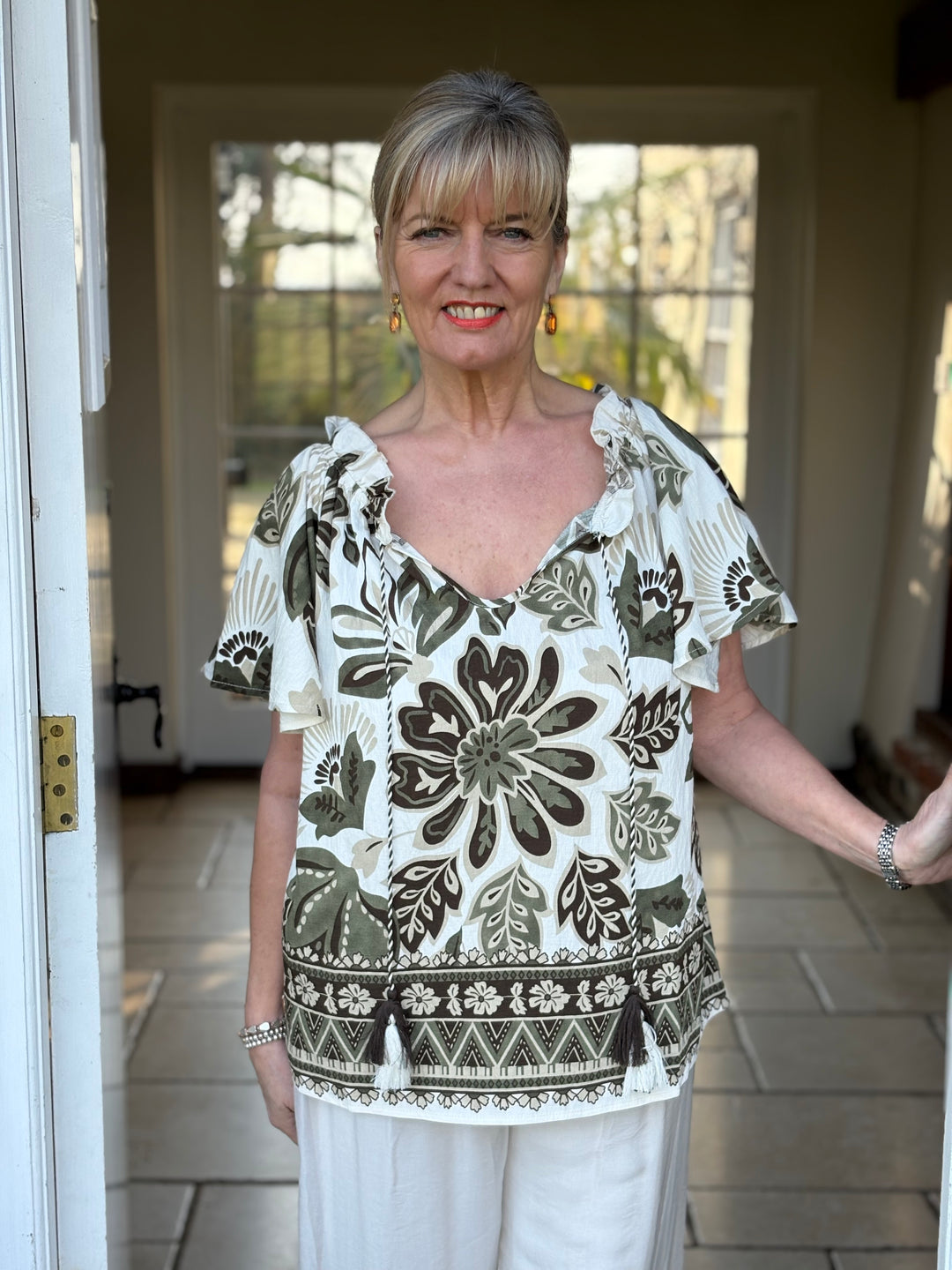 Botanical Print Ruffle Top - Malissa J | Khaki