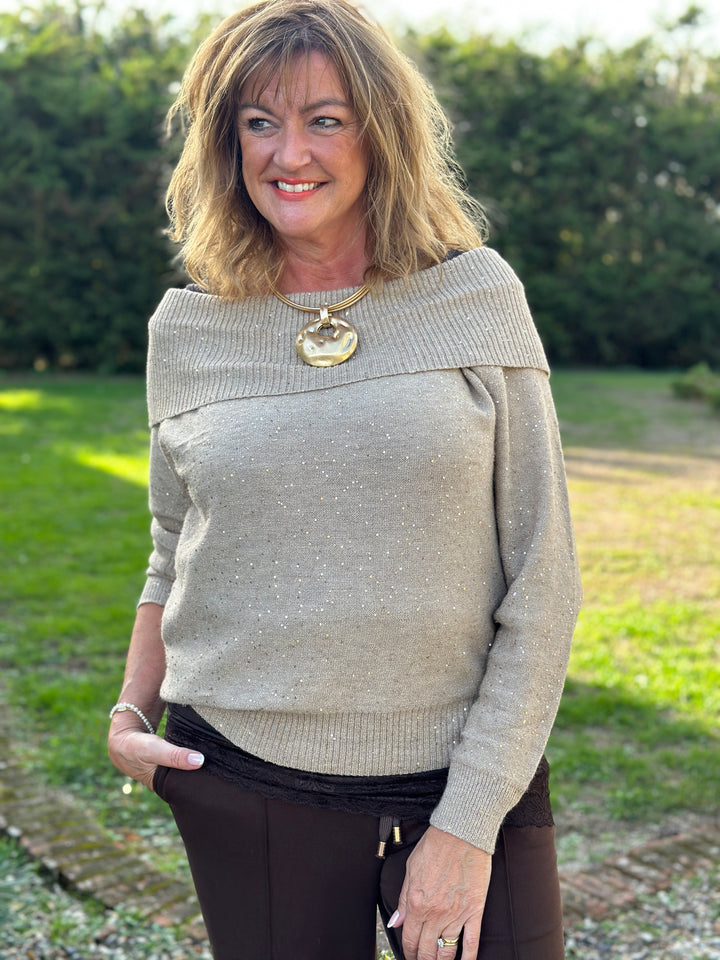 Sparkle Bardot Jumper - Malissa J | Oatmeal