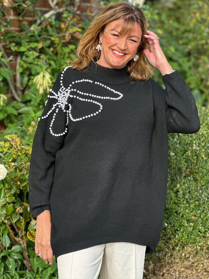 Pearl Floral Mock Neck Knit Jumper | Black