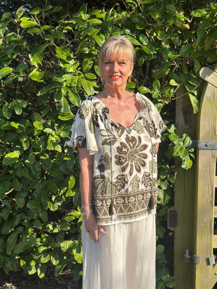 Botanical Print Ruffle Top - Malissa J | Khaki