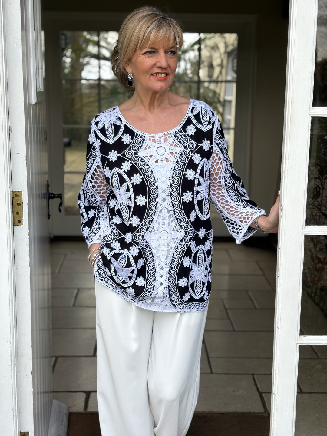 Floral Crochet Tapestry Design Top | Black