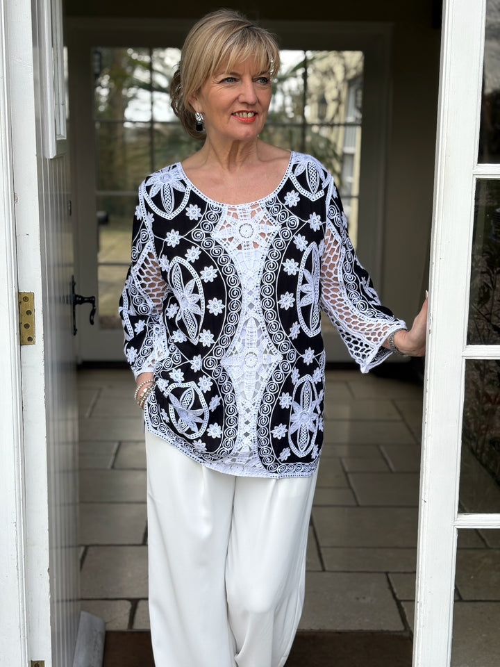 Floral Crochet Tapestry Design Top | Black