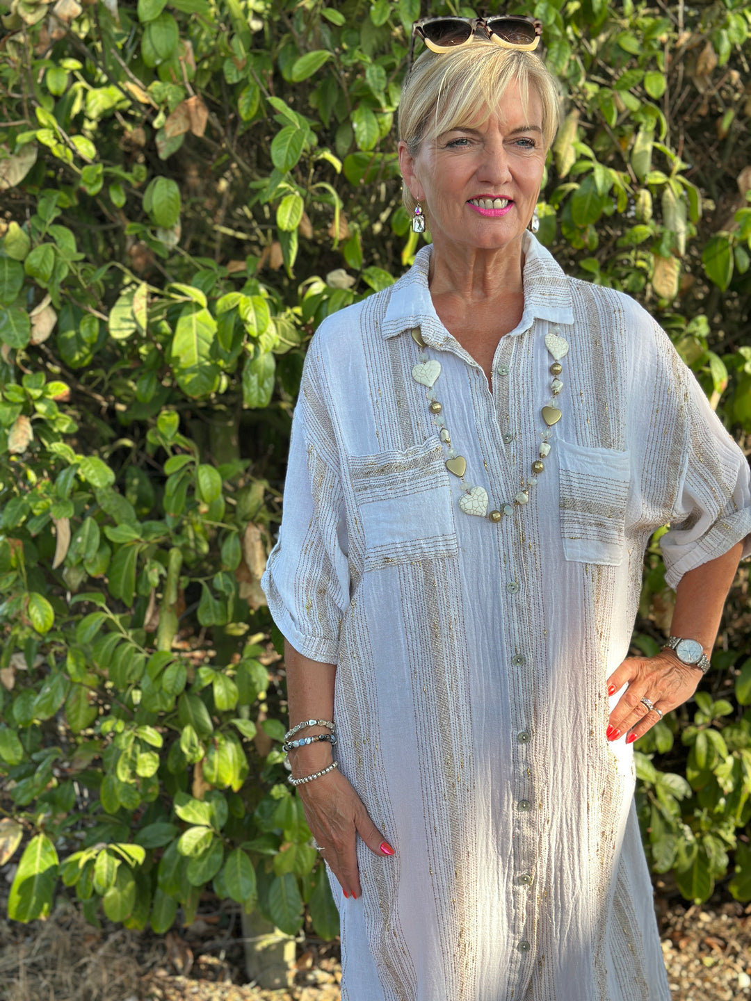 Metallic Stripe Shirt Dress | White