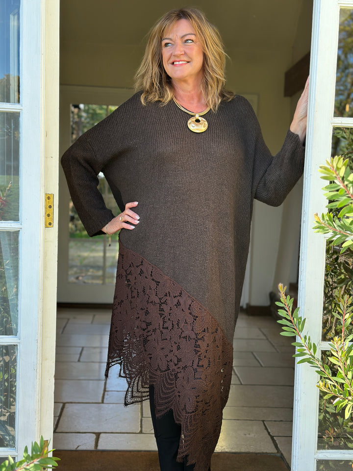 Lace Hem Knitted Jumper Dress | Chocolate Brown