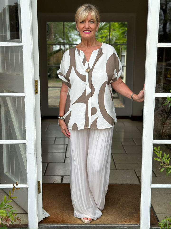 Swirl Print Button-Neck Top | Taupe