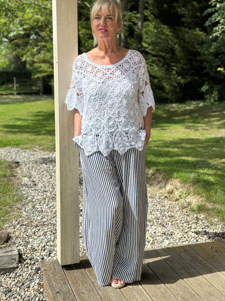 Wide Leg Linen Stripe Trouser | Navy
