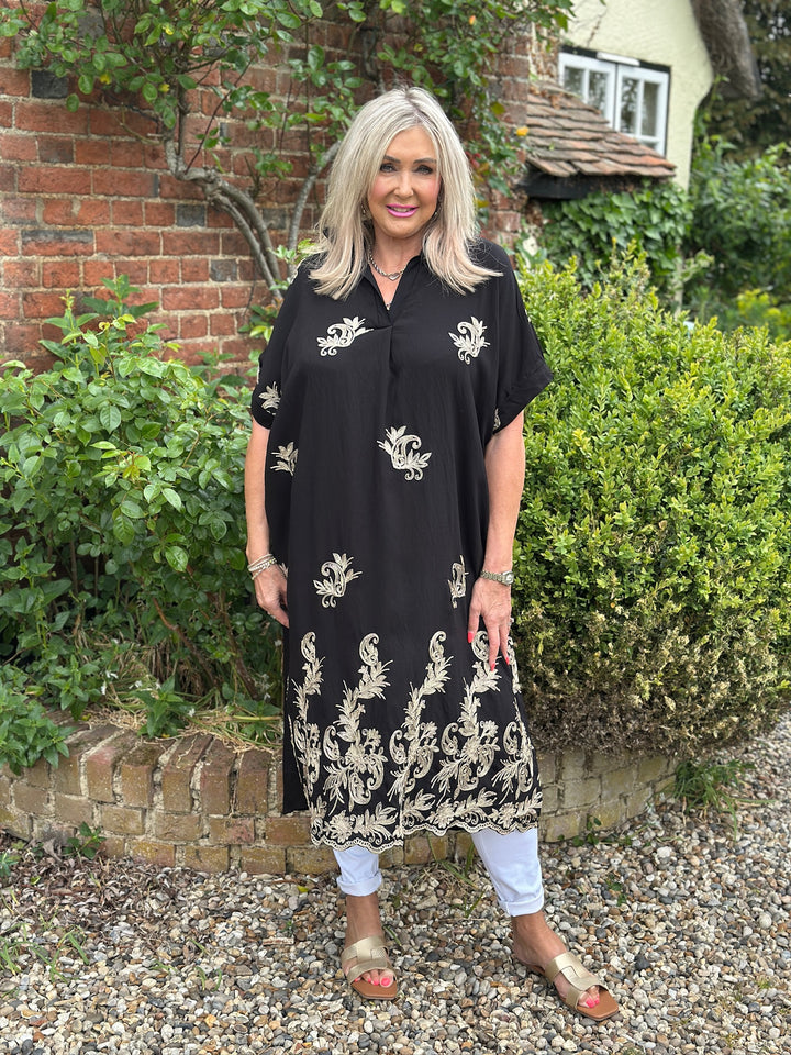 Swirl Glitz Leaf Embroidered Tunic Dress | Black