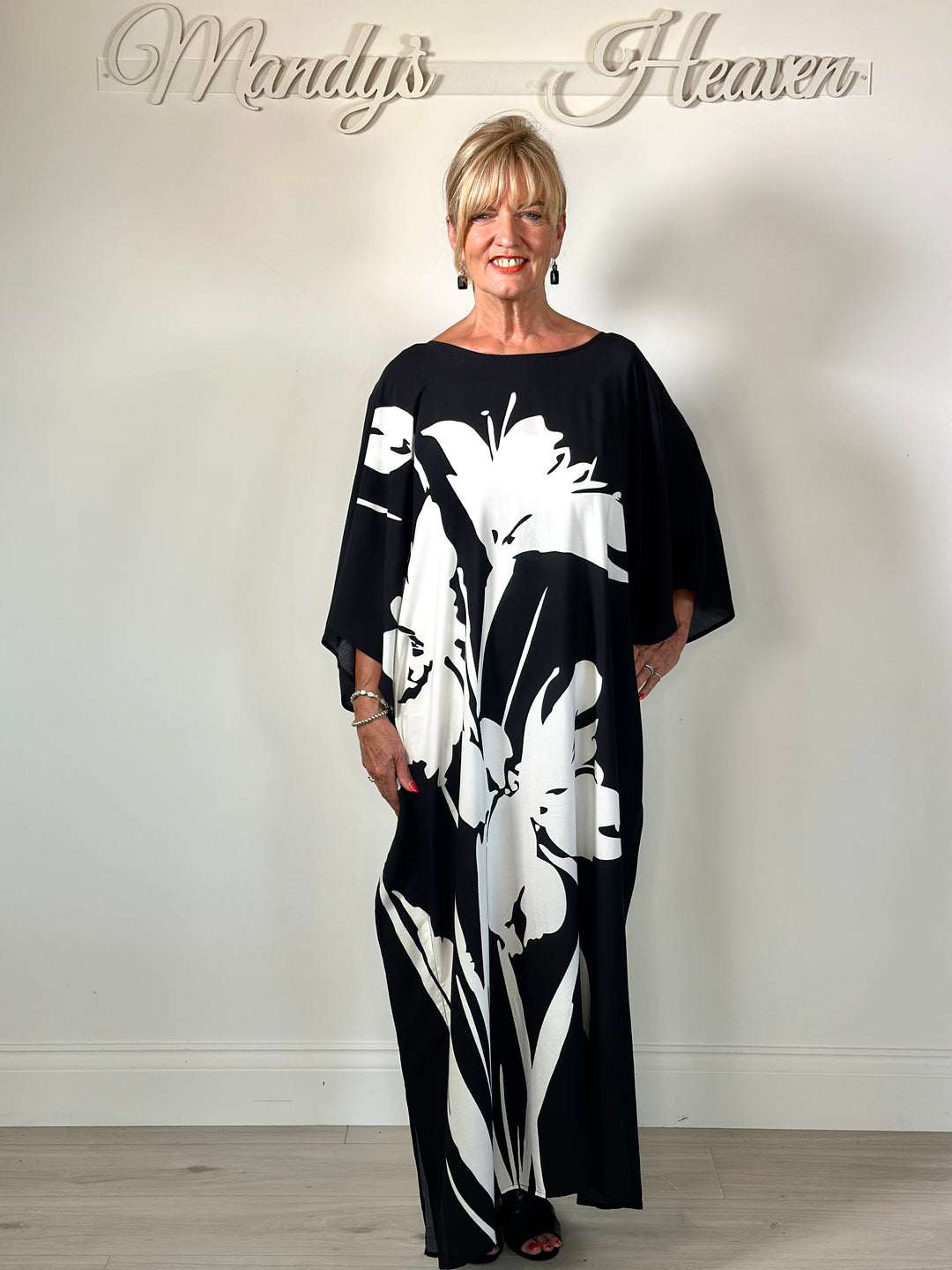 Monochrome Floral Kaftan Dress | Black & White