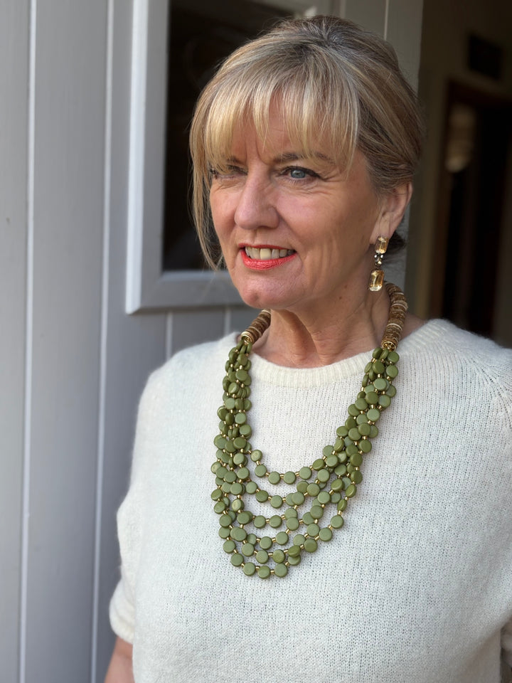 Coconut Shell & Mini Circle Bead Necklace | Forest Green & Gold