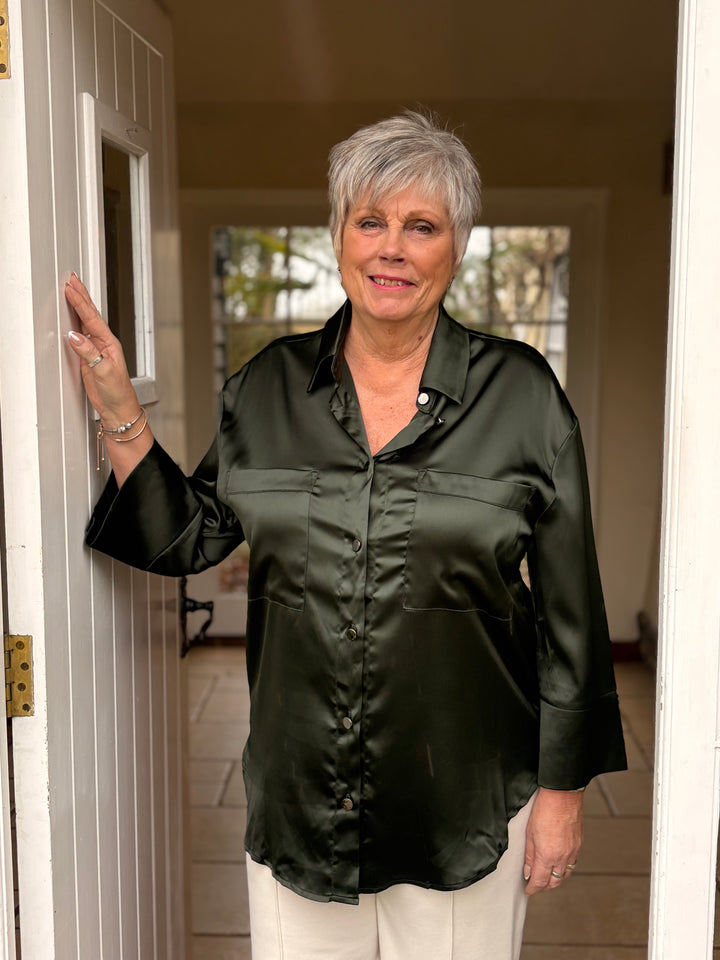 Satin Cuff Detail Pocket Shirt - Malissa J | Deep Green