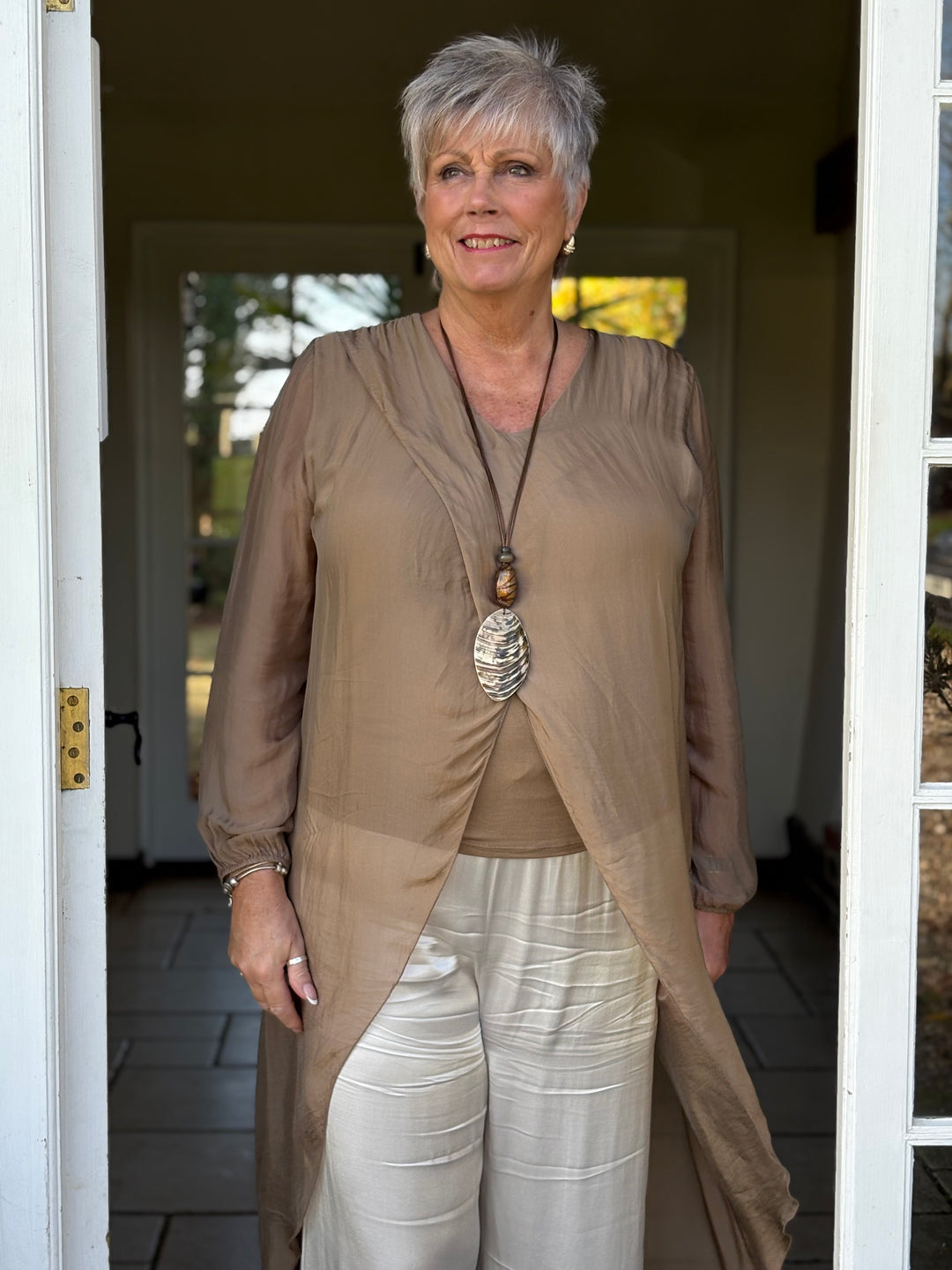 Silk Longline Cross Over Top | Caramel