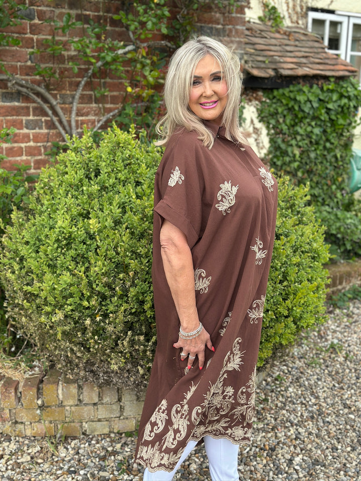 Swirl Glitz Leaf Embroidered Tunic Dress | Brown