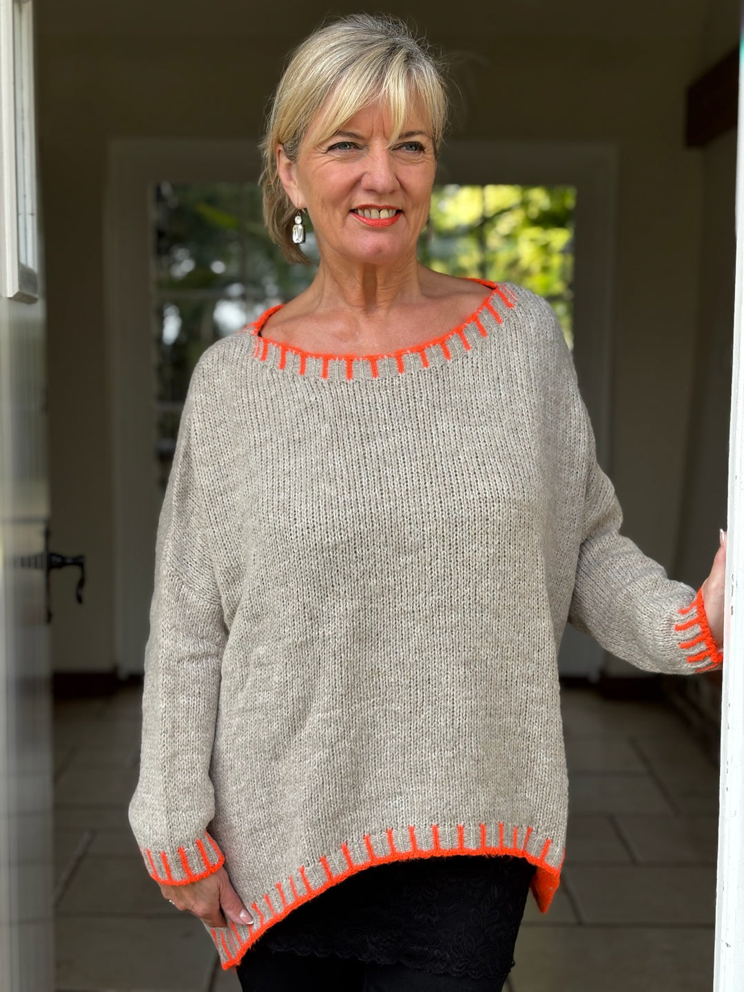 Contrast Stitch Knit Jumper | Sand & Orange