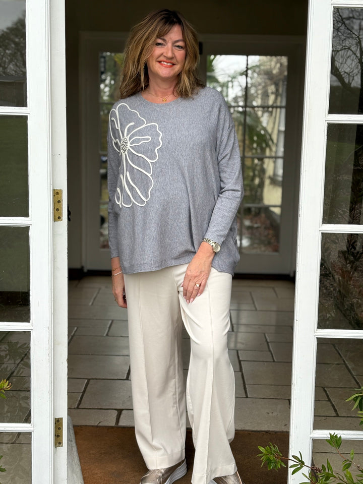 Large Flower Knit Top With Beads | Grey