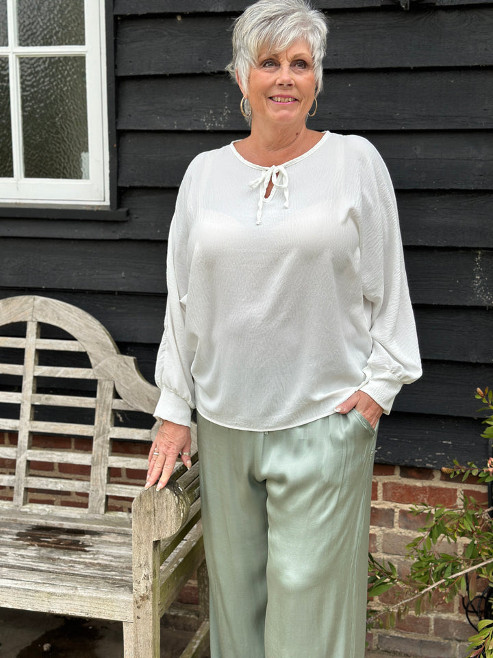 Long Sleeve Lightweight Top With Ties | White