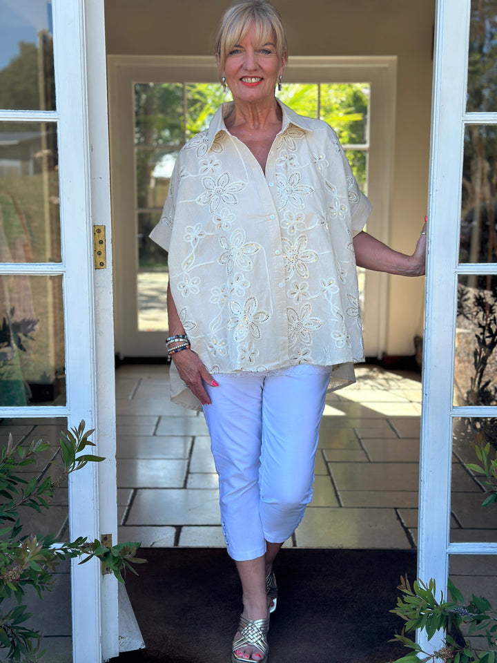 Sequin Floral Cotton Blend Shirt | Cream