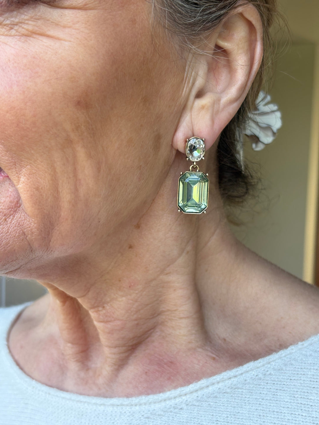 Oval & Square Gem Earrings | Green & Clear