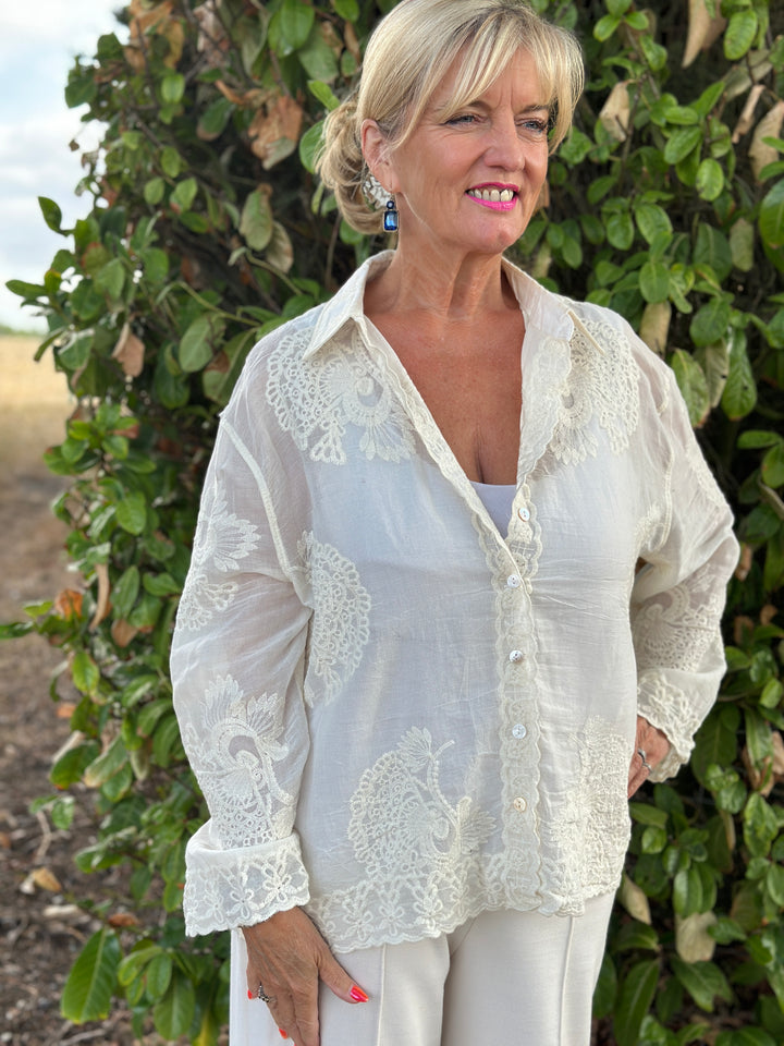 Cotton Embroidered Lace Shirt | Beige