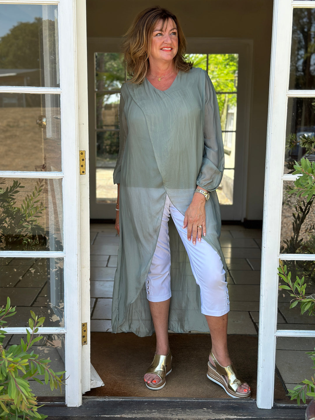 Silk Longline Cross Over Top | Slate