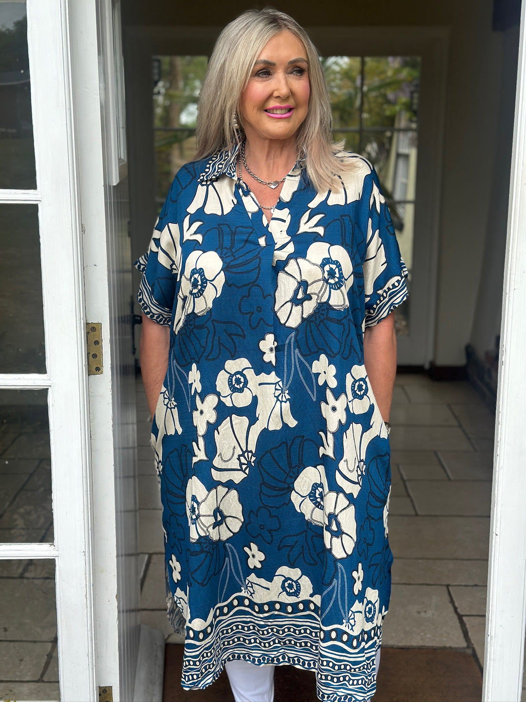 Garden Print Tunic Collar Dress | Teal