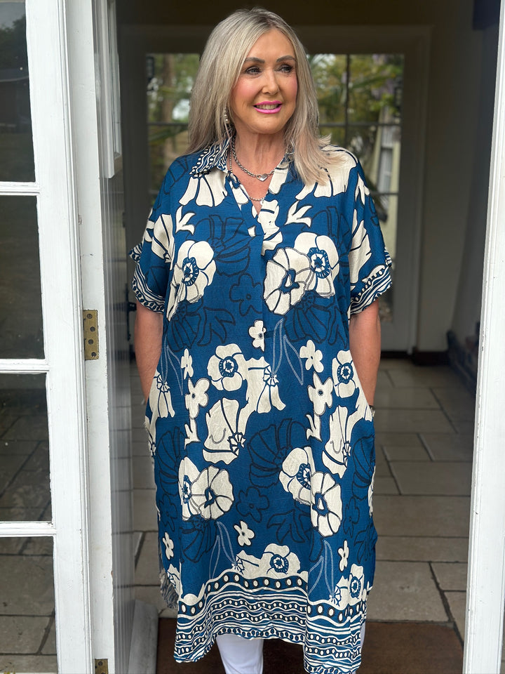 Garden Print Tunic Collar Dress | Teal