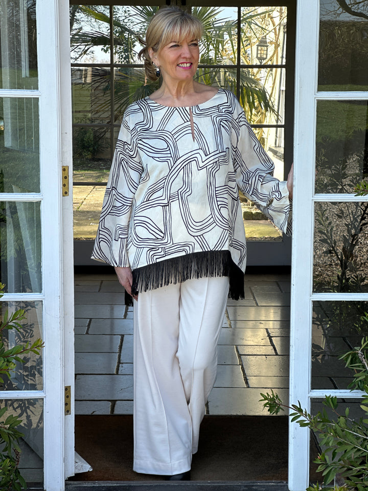 Flared Sleeve Abstract Top With Tassel Trim - Malissa J | Cream & Black