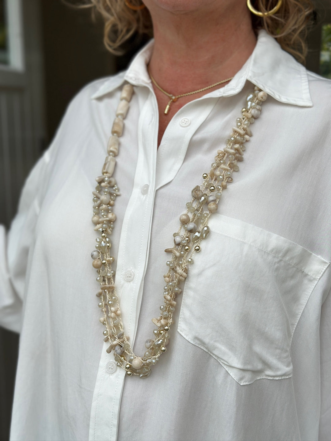 Layered Long Beaded Necklace | Beige